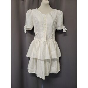 Vintage White Floral‎ Jacquard Tiered Ruffle Puff Sleeve Bow Dress Size 5